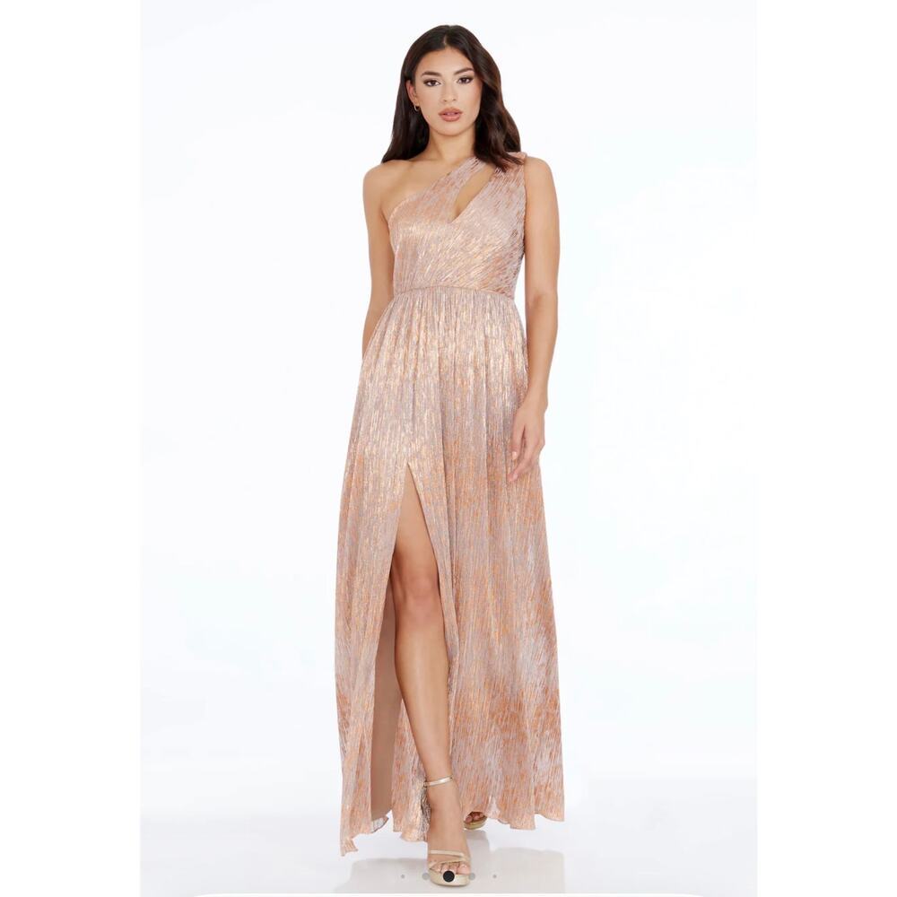 Dress the Population One Shoulder Fit & Flare Kienna Gown Nude Bronze Size L NWT